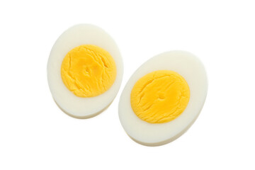 Boiled egg cut in half on white background. Clear view of egg white and yolk. Ideal for food packaging, healthy eating concepts, and nutrition-related content