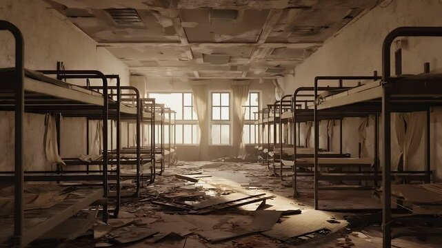 Bunk beds inside abandoned military barrack
