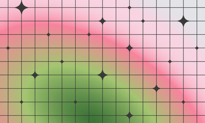 Y2K aesthetic blurred gradient background with linear grid and star shapes. Fluid abstract cool banner template. Trendy minimalist vector design in retro style