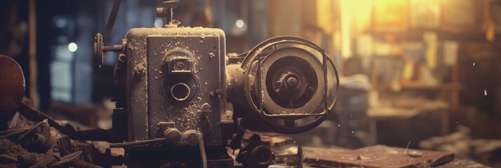 Fototapeta premium Stary, zakurzony tokarka przemysłowa w warsztacie, oświetlona ciepłym światłem.