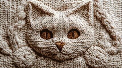 Hand-stitched embroidery of a cat on textile, creating a warm and detailed texture suitable for craft-inspired visual designs.