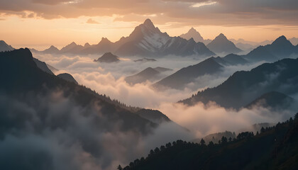 Misty mountain peaks, golden sunrise glow, cinematic landscape