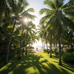 Obraz premium Sunlit Path Through Lush Palm Trees to Tropical Beach