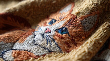 Hand-stitched embroidery of a cat on textile, creating a warm and detailed texture suitable for craft-inspired visual designs.