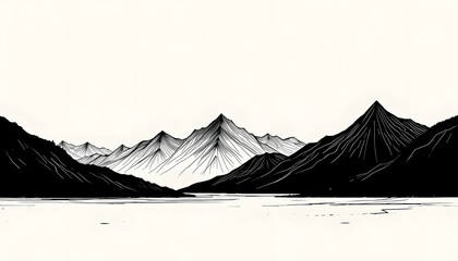 Monochrome landscape, simple line art, abstract mountains