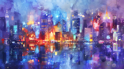 Fototapeta premium Futuristic City Skyline With Glowing Skyscrapers