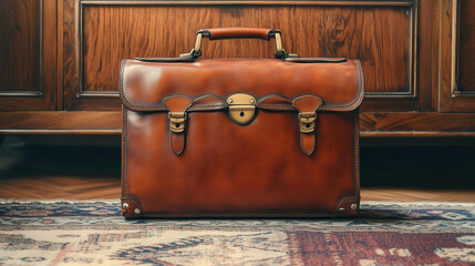 Vintage brown leather briefcase rests on a patterned rug in a wooden room. Briefcase features a brass lock and sturdy handles