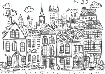 Wektorowa ilustracja ręcznie rysowanych budynk&oacute;w miejskich w stylu vintage, linia sztuki do kolorowania dla dorosłych.