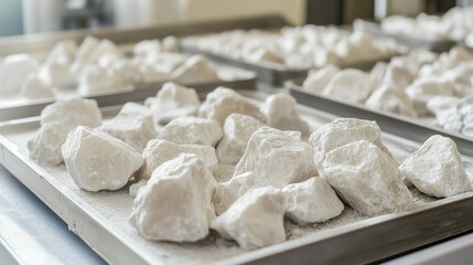 White sugar rocks arranged on metal trays in a bright kitchen. The scene showcases the raw form of sugar before processing.