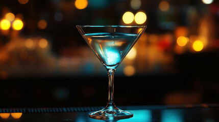 Closeup martini glass filled with clear liquid. Glass is placed on a bar counter with blurred colorful lights in the background