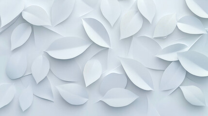 Collection of white paper leaves scattered on a light background. Leaves vary in shape and size, creating a textured design