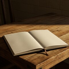 Open blank notebook on wooden table in soft natural light  