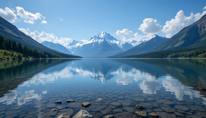 Mountaintop lake reflecting clear blue sky, peaceful and serene