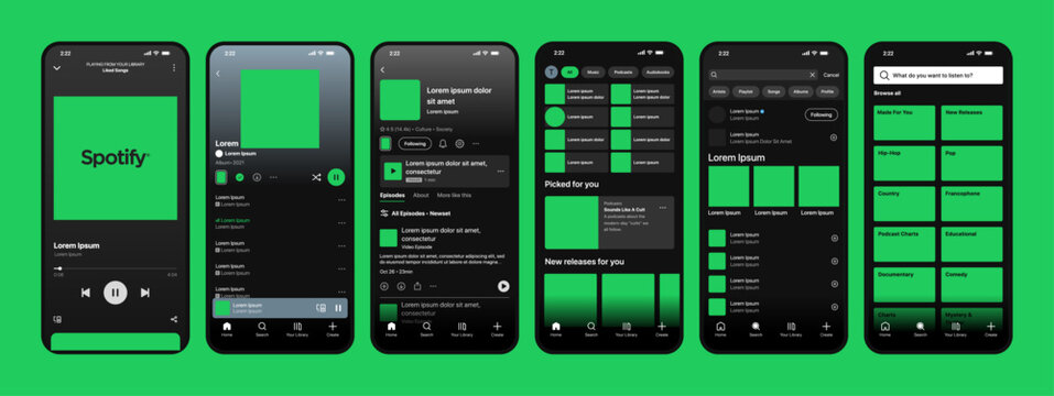 Spotify interface template. Spotify cover songs mockup. social network app UI interface mockup. Spotify Music streaming services	
