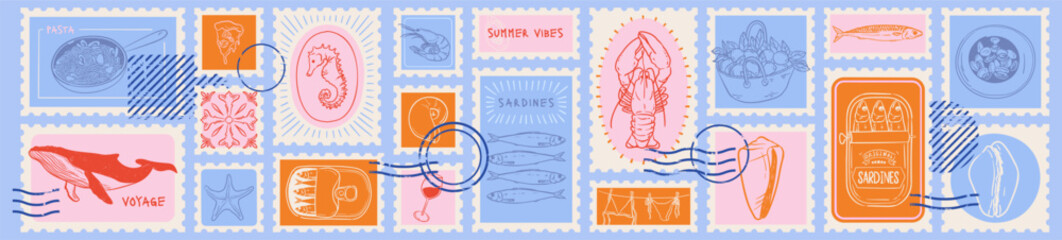 Italian postal vacation doodle sticker. Sicily summer stamp print. Hand drawn vintage postage illustration with grunge charcoal element. Coastal ocean postmark design. Mediterranean food, sardines.