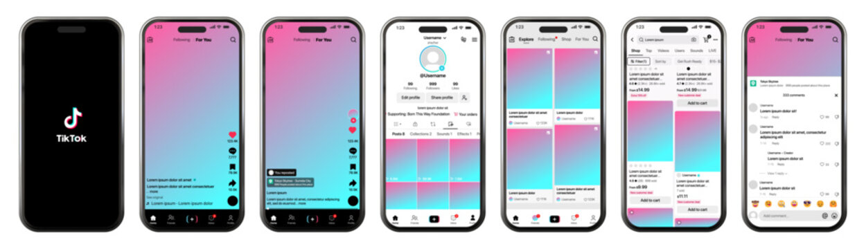 	
Tiktok. Tik tok mobile App interface template. Tiktok mockup social media template. mobile app interface template on social network. Tiktok Home, User, activity template.