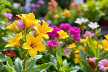 Vibrant Yellow Flowers Surrounded by a Colorful Floral Display in a Garden Setting Capturing Nature's Beauty in Full Bloom