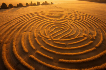 Naklejka premium Aerial view of spiral crop circle in golden wheat.