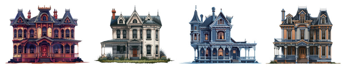 PNG Victorian houses with intricate designs, element set on transparent background