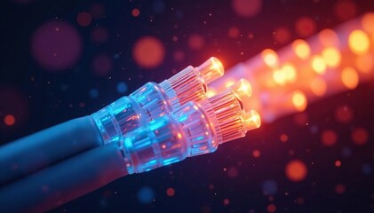 Close-up of strands of fiber optic cable, glowing brightly , fiber optic splice, cladding