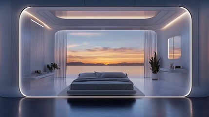 Futuristic seascape bedroom blends modern minimalist design with ocean view for innovative living tranquil atmosphere coastal comfort interior environment concept.