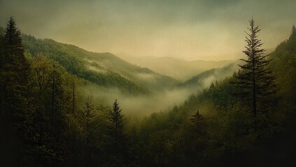 A panoramic view of the Great Smoky Mountains, showing mist-covered hills and lush green forests under an overcast sky.