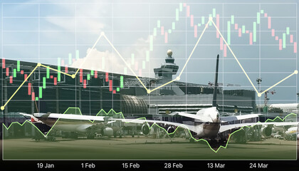 Stock financial index show successful investment on transportation, logistic and aircraft industry with graph and chart diagram on image of planes parked on the apron area at the airport.
