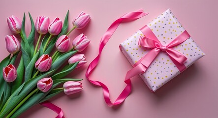 Pink tulips with ribbon and polka dot gift box on pastel pink background in soft light