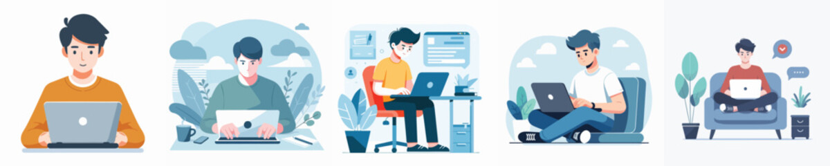 vector of a young man playing on a laptop