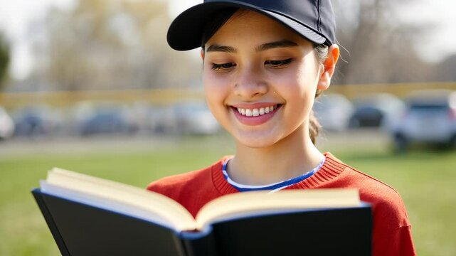 Young player focuses on reading amid baseball practice in sunlit field