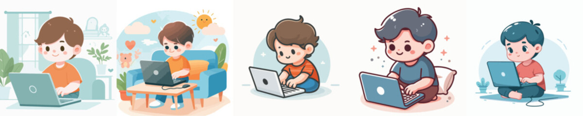 vector of a little boy playing on a laptop