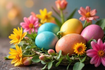 Fototapeta premium Vibrant Easter eggs nestled in a spring flower arrangement , eggs, tulip