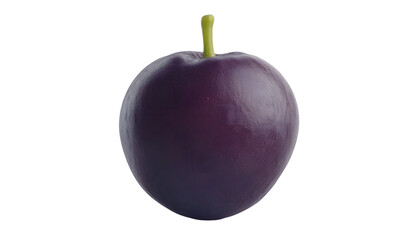 Ripe, deep purple plum, isolated on black background.  Detailed, glossy surface, stem visible