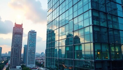 Modern glass and steel commercial building exterior, reflecting city skyline , city, corporate building, corporate