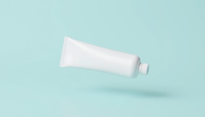 Fototapeta premium Floating white tube on pastel blue background, minimalist packaging for beauty products
