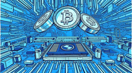 Cryptocurrency circuit board illustration.  Digital tokens hover over a complex circuit