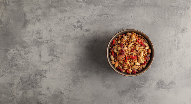 Uma vista superior de uma tigela transbordando de nozes mistas e frutas secas sobre uma superf&iacute;cie cinza texturizada, exemplificando uma mistura de sabores, cores e benef&iacute;cios nutricionais