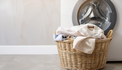 Laundry basket with clothes beside of a washing machine. Creative banner of self-service laundry, minimal cozy interior