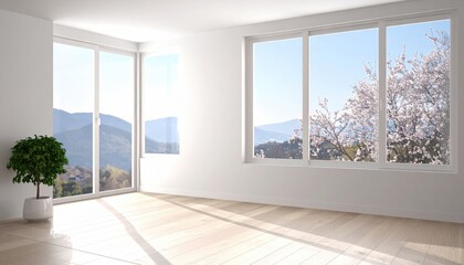 Obraz premium Serene interior with blossoming tree view through expansive windows enhances peacefulness
