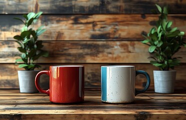 Red and Speckled Mug Mockup on Wooden Table

