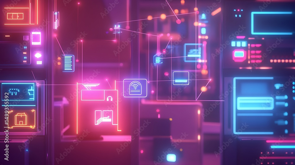 Poster engineer creates futuristic smart home network visualization with interconnected devices for seamles