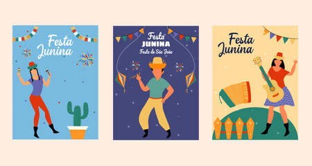 Festa junina music festival celebration set of three invitation, greeting card, poster and flyer design vector illustration.