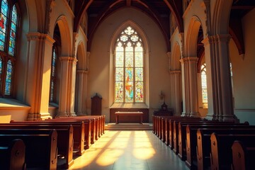 Obraz premium Tranquil church interior, sunlight streaming through stained-glass windows , devotion, meditation, church