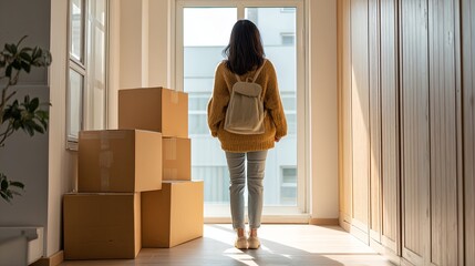 Woman walking through cluttered room with boxes