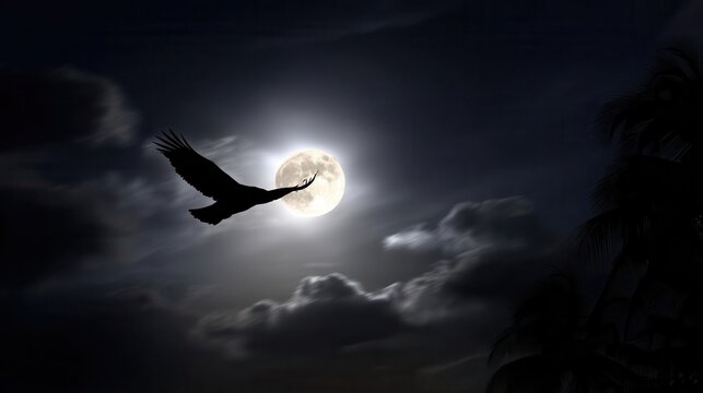 Silhouette of a bird in flight against a full moon.