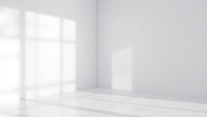Empty white room studio with leaves shadow overlay effect for product presentation display. Cosmetic beauty fashion showroom. Morning sunlight through the window. Minimal Mock up interior background