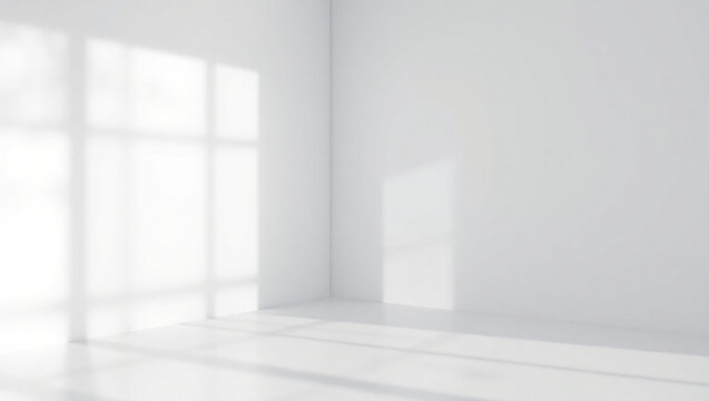 Empty white room studio with leaves shadow overlay effect for product presentation display. Cosmetic beauty fashion showroom. Morning sunlight through the window. Minimal Mock up interior background