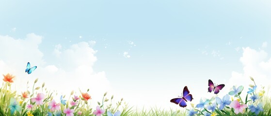 Niebieskie niebo, kolorowe kwiaty i motyle