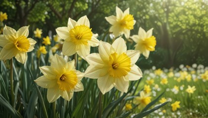 Close-up vibrant daffodils, sunlit petals, green spring backdrop,  botany,  yellow,  yellow flowers
