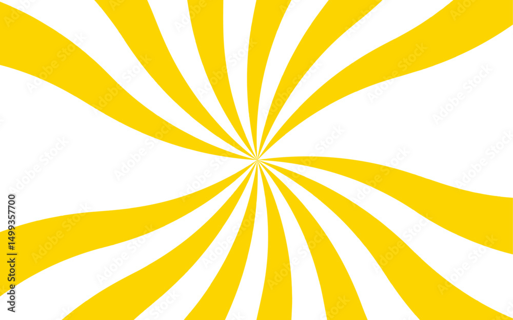 Poster abstract design with radial swirl pattern with alternating yellow and white curved rays and toward c